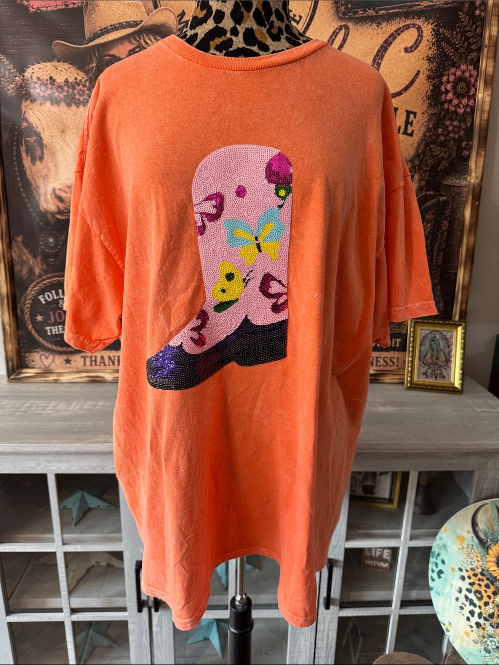 J HER Sequin Boot Tee in Bright Orange - Women's Size XL